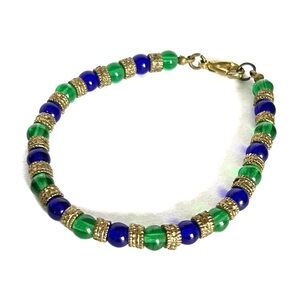 Vintage Blue Green Gold Coloured Beaded Bracelet Emerald Sapphire Colour India